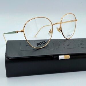 Hugo BOSS 1530 Designer Round Metal Glasses Gold  with Green Accent - 50-20-140